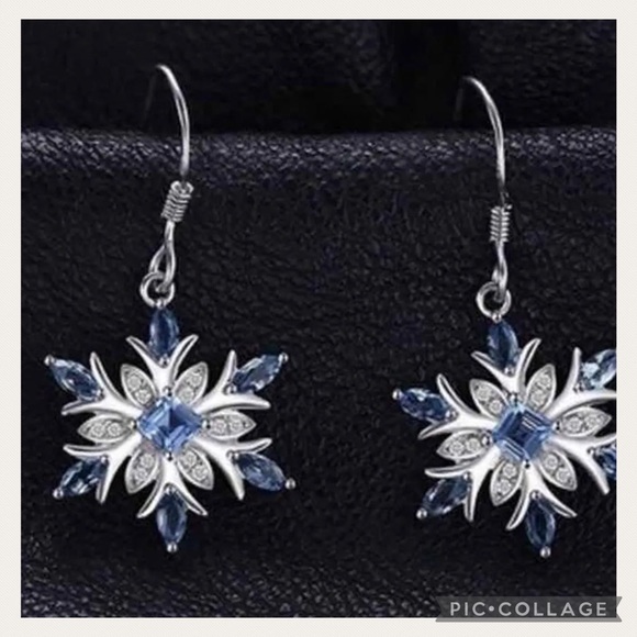 NEW Blue Topaz Dangle 925 Sterling Silver Snowflake Earrings - Picture 5 of 8